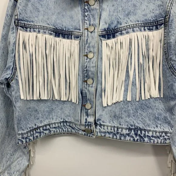 BlankNYC Jacket Nice Try Blue Denim White Fringe Button - Picture 7 of 14
